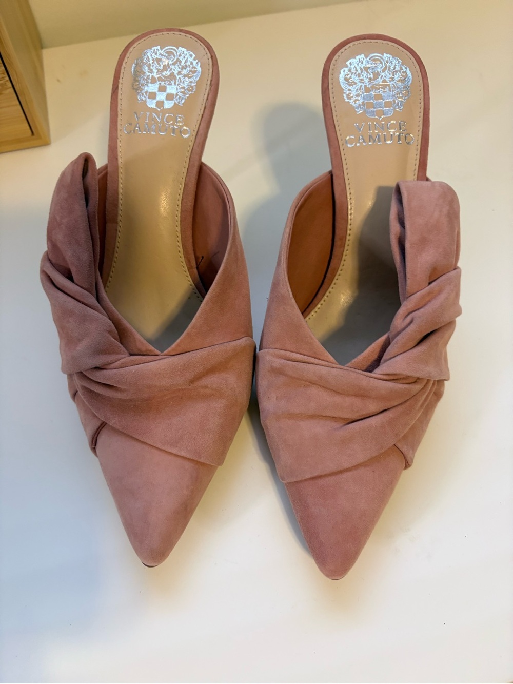 Vince Camuto Dusty Rose Suede Knot-Front Pointed Toe Mules